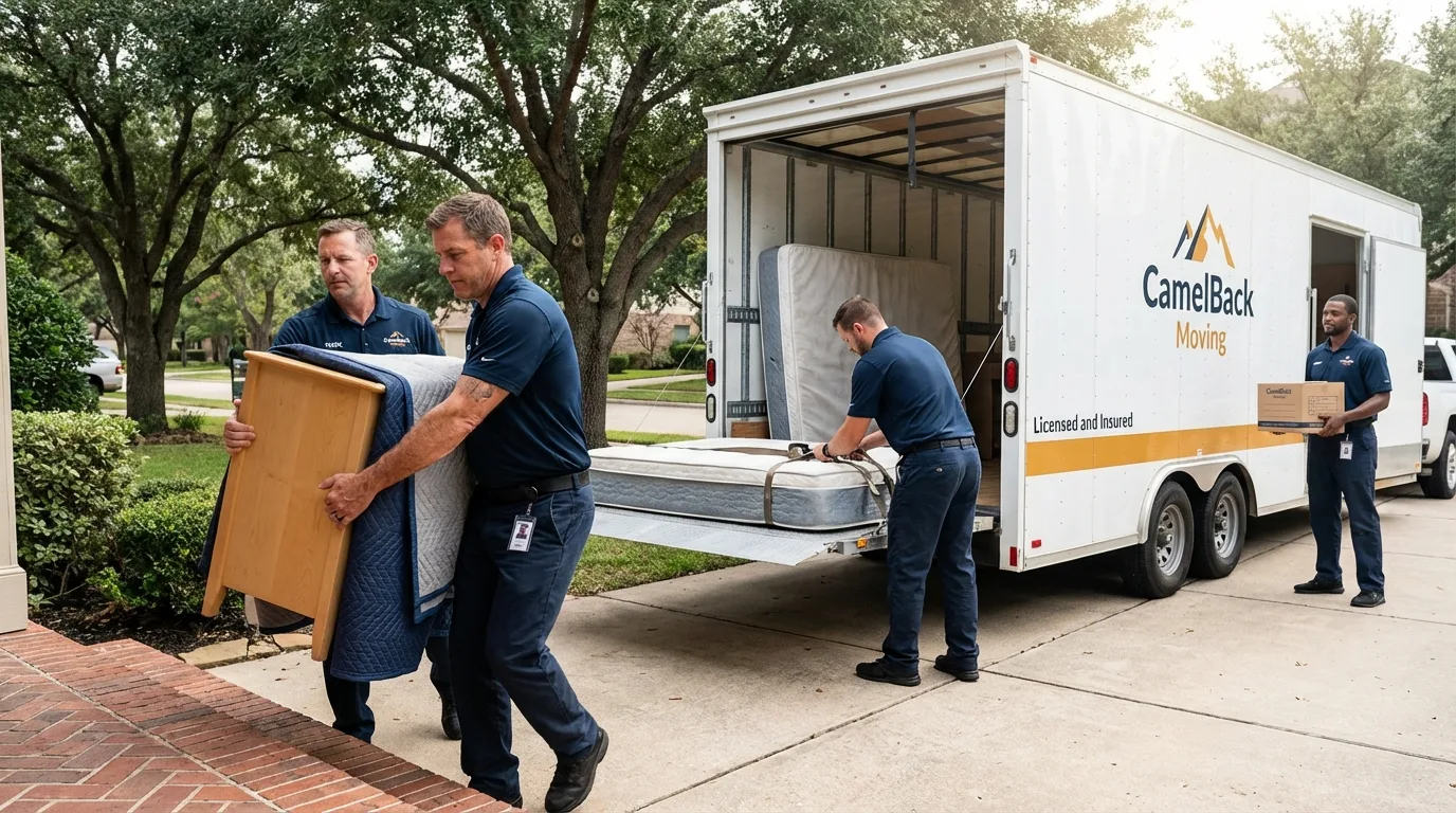 Crew loading residential truck for cross-state move from Adams, WI