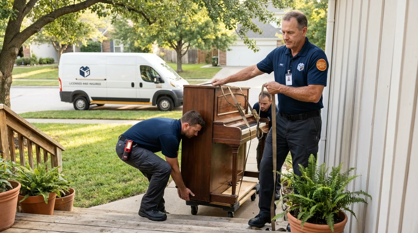 Licensed piano movers securing grand piano in Adams, WI