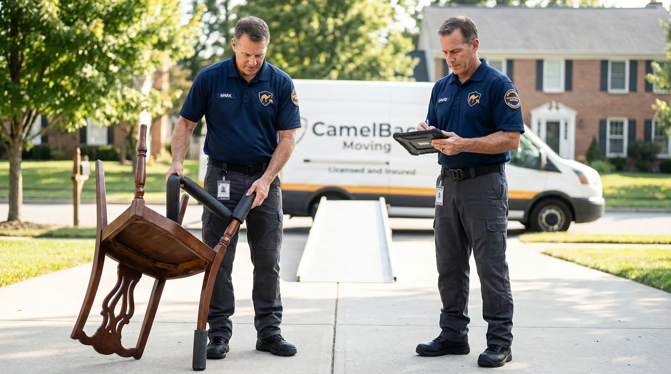 Movers inspecting furniture for damage prevention before loading in Adams, WI
