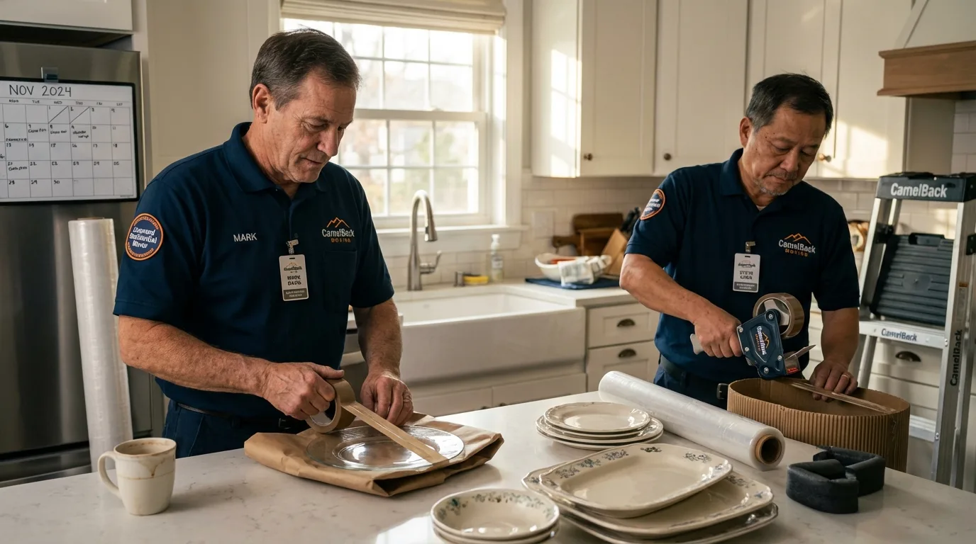 Professional crew packing kitchen dishware in Adams, WI